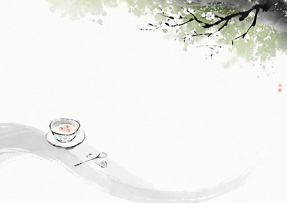 PSD 나무 접시 꽃 잎 일러스트 캘리그라피 붓터치 풍경 사람없음 숟가락 대접 차 찻잔 티스푼 동양화 번짐 반가움 국내일러스트 식물 식기 감정 음료 잔 수저 미술 파일형식 효과