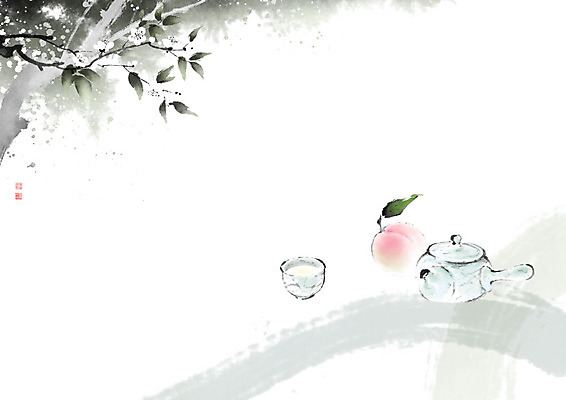 PSD 나무 꽃 잎 일러스트 캘리그라피 붓터치 풍경 사람없음 나뭇가지 대접 차 찻잔 동양화 번짐 복숭아 반가움 국내일러스트 식물 감정 음료 과일 잔 미술 파일형식 효과