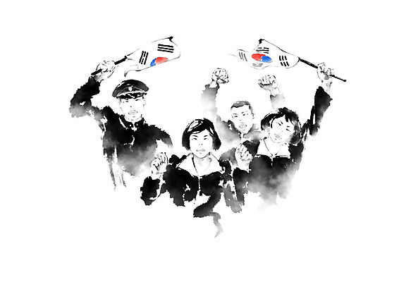 PSD 학생 여학생 여자 남자 교복 남학생 일러스트 캘리그라피 붓터치 들기 사람 여러명 태극기 민주주의 번짐 혁명 4.19혁명기념일 학생운동 국내일러스트 옷 다수 컨셉 모션 국기 투쟁 파일형식 법정기념일 효과