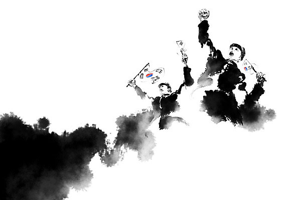 PSD 학생 남자 교복 남학생 일러스트 캘리그라피 붓터치 들기 사람 두명 태극기 민주주의 번짐 혁명 남자만 4.19혁명기념일 학생운동 국내일러스트 옷 컨셉 모션 국기 투쟁 파일형식 법정기념일 효과