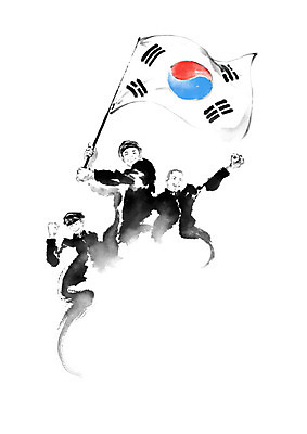 PSD 학생 남자 교복 남학생 일러스트 캘리그라피 붓터치 들기 사람 세명 태극기 민주주의 번짐 혁명 4.19혁명기념일 학생운동 국내일러스트 옷 컨셉 모션 국기 투쟁 파일형식 법정기념일 효과