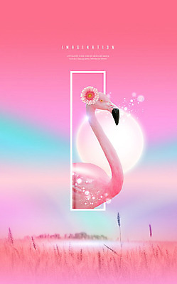 PSD 편집이미지 한마리 꽃 분홍색 상상 갈대 사람없음 플라밍고 그라데이션 창의력 이미지편집 식물 1 컬러 조류 파일형식