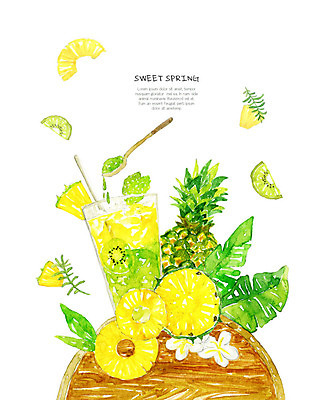 PSD 과일 일러스트 수채화 쟁반 키위 사람없음 목재 노란색 봄 허브 파인애플 국내일러스트 나무 식물 계절 컬러 재료 열대과일 파일형식