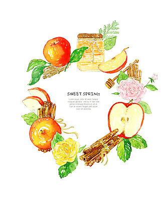 PSD 잎 과일 일러스트 수채화 사람없음 빨간색 장미 봄 사과 시나몬 사과청 국내일러스트 식물 계절 꽃 컬러 파일형식 과일청