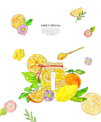 PSD 잎 오렌지 과일 일러스트 수채화 사람없음 주황색 봄 허브 망고 나무스푼 국내일러스트 식물 계절 컬러 열대과일 나무숟가락 파일형식