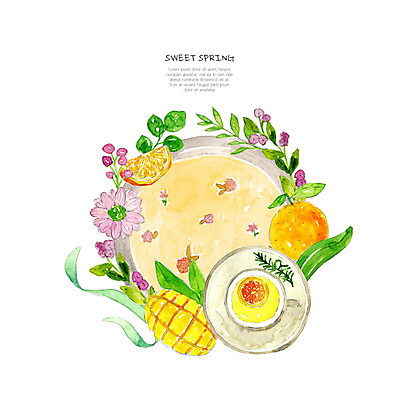 PSD 잎 오렌지 과일 일러스트 수채화 사람없음 주황색 봄 허브 망고 국내일러스트 식물 계절 컬러 열대과일 파일형식