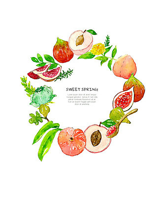 PSD 분홍색 과일 일러스트 수채화 사람없음 봄 복숭아 무화과 작약 제철과일 국내일러스트 계절 꽃 컬러 제철 파일형식