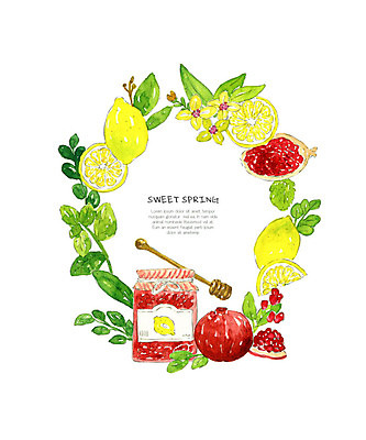 PSD 과일 일러스트 수채화 사람없음 빨간색 봄 레몬 석류 리스장식 석류청 국내일러스트 계절 컬러 장식 파일형식 과일청