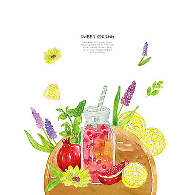 PSD 과일 일러스트 수채화 쟁반 사람없음 목재 빨간색 봄 레몬 석류 음료수병 국내일러스트 나무 계절 컬러 재료 병_담는 파일형식