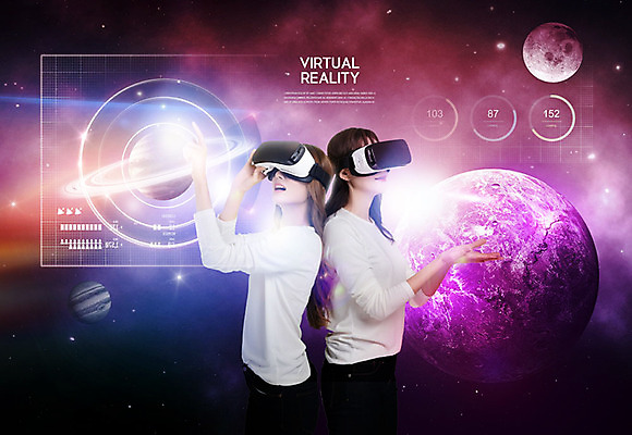 PSD 편집이미지 여자 사람 20대 성인 두명 30대 우주 한국인 체험 가상현실 성인여자만 VR기기 이미지편집 컨셉 동양인 청년 장년 기계 여자만 성인만 파일형식