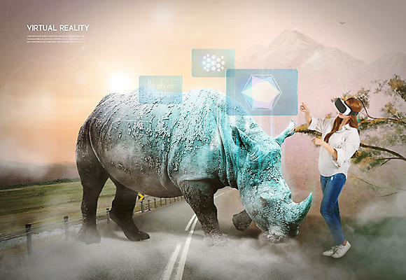 PSD 편집이미지 여자 한명 사람 20대 성인 한국인 체험 코뿔소 가상현실 성인여자한명만 VR기기 이미지편집 1 컨셉 포유류 동양인 청년 기계 여자한명만 성인여자만 파일형식