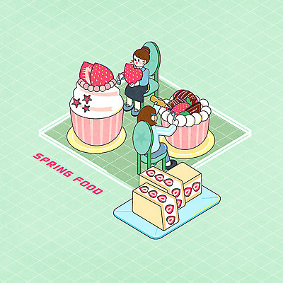 PSD 여자 일러스트 딸기 디저트 두명 귀여움 봄 카페 컵케이크 아이소메트릭 딸기케이크 민트색 여자만 국내일러스트 계절 음식 컬러 컨셉 과일 사람 케이크 상점 파일형식