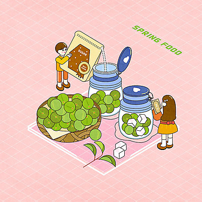 PSD 여자 남자 분홍색 일러스트 유리병 두명 바구니 귀여움 봄 설탕 각설탕 아이소메트릭 매실 핸드메이드 매실청 국내일러스트 계절 컬러 컨셉 병_용기 사람 파일형식 과일청