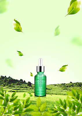 PSD 편집이미지 잎 나뭇잎 산 사람없음 초록색 뷰티 화장품 병 언덕 피부관리 스킨케어 세럼 이미지편집 식물 식기 컬러 파일형식