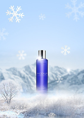 PSD 편집이미지 겨울 사람없음 파란색 뷰티 화장품 흰색 눈 눈송이 병 피부관리 스킨케어 이미지편집 자연요소 식기 계절 컬러 날씨 눈_날씨 파일형식