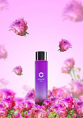 PSD 편집이미지 꽃잎 사람없음 뷰티 장미 보라색 화장품 병 피부관리 스킨케어 낙화 이미지편집 식기 꽃 컬러 파일형식