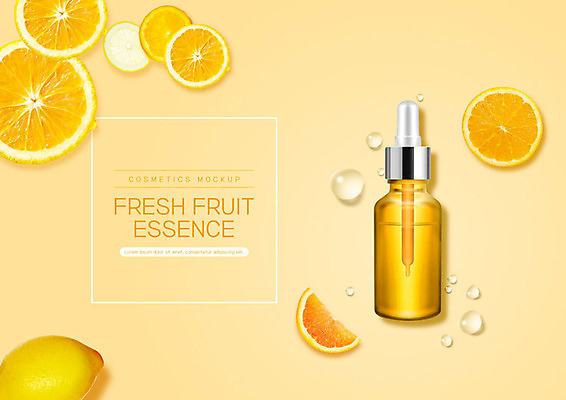 PSD 편집이미지 오렌지 과일 사람없음 뷰티 노란색 화장품 물방울 병 레몬 피부관리 스킨케어 이미지편집 식기 컬러 파일형식