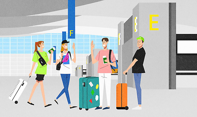 PSD 여자 남자 여행 일러스트 사람 여러명 친구 캐리어 인사 공항 즐거움 출국 체크인카운터 국내일러스트 감정 다수 관계 교통시설 여행가방 예절 체크인 파일형식