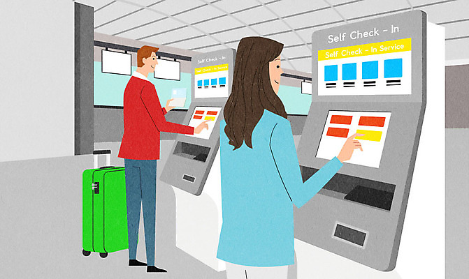 PSD 여자 남자 여행 일러스트 사람 두명 캐리어 공항 셀프 체크인 키오스크 티켓팅 셀프체크인 국내일러스트 교통시설 여행가방 파일형식