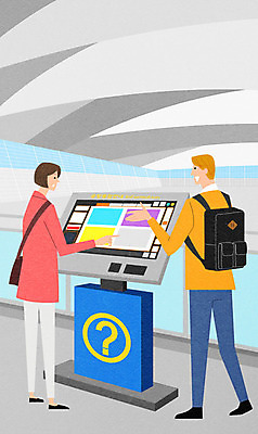 PSD 외국인 여자 남자 여행 일러스트 안내 사람 두명 스크린 공항 검색 길안내 길찾기 터치스크린 국내일러스트 교통시설 인종 파일형식