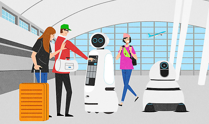 PSD 커플 여자 남자 여행 일러스트 안내 사람 세명 캐리어 공항 로봇 검색 길안내 청소로봇 국내일러스트 관계 교통시설 여행가방 파일형식