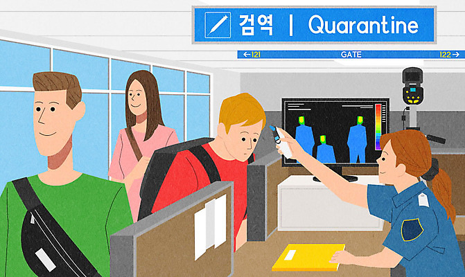 PSD 여자 남자 여행 일러스트 사람 여러명 모니터 공항 온도계 체온계 직원 체온 체온측정 탐지 검역 입국 국내일러스트 다수 교통시설 컴퓨터 위생 측정 파일형식