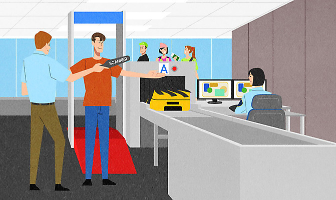 PSD 여자 남자 여행 일러스트 엑스레이 사람 여러명 캐리어 공항 직원 검사_조사 보안 검색대 국내일러스트 다수 의학 교통시설 안전 여행가방 파일형식