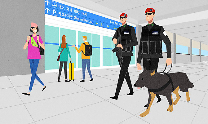 PSD 한마리 여자 남자 여행 일러스트 사람 여러명 경찰 개 공항 보안 순찰 경찰견 공항경찰 국내일러스트 직업 1 다수 포유류 교통시설 안전 파일형식