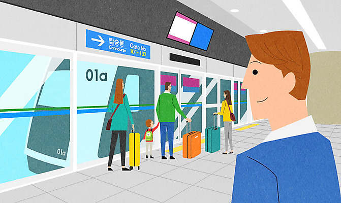 PSD 여자 남자 어린이 여행 일러스트 사람 여러명 캐리어 기다림 공항 공항철도 탑승객 환승 국내일러스트 다수 교통시설 모션 여행가방 전철 승차 파일형식