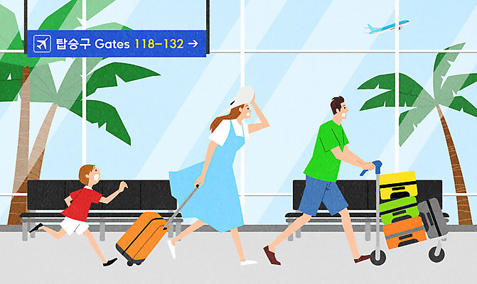 PSD 아들 어린이 여행 의자 일러스트 창문 가족 엄마 비행기 사람 세명 달리기 캐리어 카트 아빠 공항 지각 탑승객 국내일러스트 가구 관계 항공교통 교통시설 모션 대중교통 여행가방 승차 파일형식