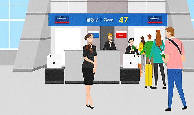 PSD 여자 남자 여행 일러스트 사람 여러명 캐리어 공항 승차 승무원 줄서기 탑승객 국내일러스트 직업 다수 교통시설 모션 여행가방 파일형식