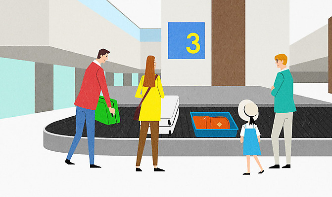 PSD 여자 남자 어린이 여행 가방 일러스트 사람 소녀 여러명 성인 캐리어 짐 기다림 공항 수하물 찾기 국내일러스트 잡화 다수 교통시설 모션 여행가방 파일형식