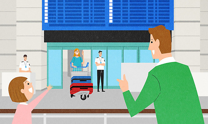 PSD 여자 남자 어린이 여행 일러스트 사람 소녀 여러명 성인 캐리어 공항 마중 반가움 입국 국내일러스트 감정 다수 교통시설 여행가방 파일형식