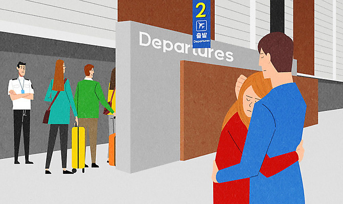 PSD 커플 여자 남자 여행 일러스트 포옹 사람 여러명 캐리어 슬픔 공항 이별 눈물 출국 국내일러스트 감정 다수 컨셉 관계 교통시설 안기 여행가방 파일형식
