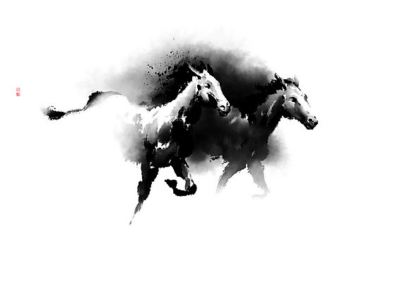 PSD 두마리 일러스트 캘리그라피 모션 붓터치 새해 흑백 사람없음 달리기 말_동물 동양화 시작 번짐 낙관 국내일러스트 2 포유류 촬영기법 미술 파일형식 효과