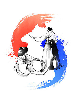 PSD 여자 남자 음악 일러스트 캘리그라피 붓터치 방석 국악 두명 부채 사회이슈 번짐 민속 화합 한반도 남북 통일 판소리 남북통일 국내일러스트 갓모자 모자_잡화 전통 컨셉 문화예술 전통소품 사람 전통공연 파일형식 효과