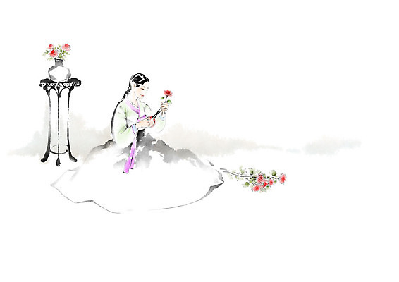 PSD 여자 꽃 문화 일러스트 캘리그라피 붓터치 선반 가위 한명 사람 취미 장미 꽃병 한복 꽃꽂이 번짐 손질 여자한명만 국내일러스트 식물 1 한국전통 가구 문구용품 전통의상 원예 여자만 파일형식 효과