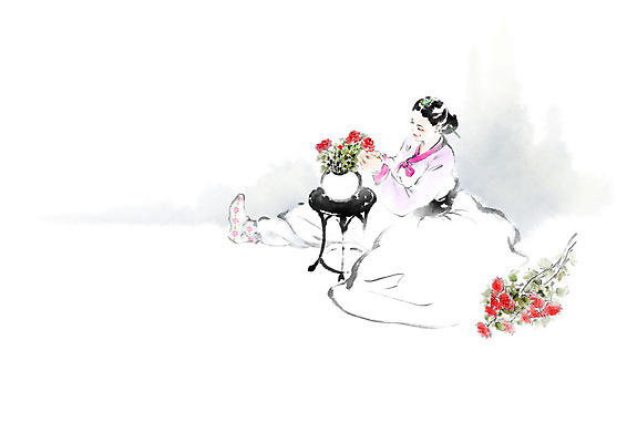 PSD 여자 꽃 문화 일러스트 캘리그라피 붓터치 선반 한명 사람 취미 장미 꽃병 한복 꽃꽂이 번짐 손질 여자한명만 국내일러스트 식물 1 한국전통 가구 전통의상 원예 여자만 파일형식 효과