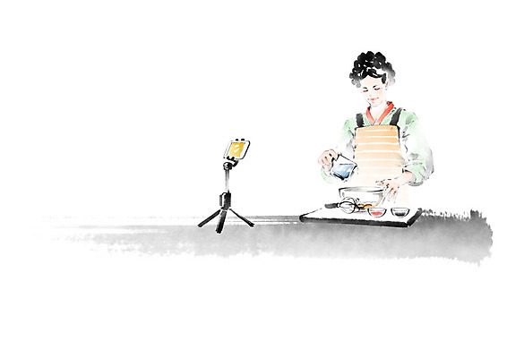 PSD 그릇 여자 문화 일러스트 캘리그라피 주방용품 붓터치 쟁반 요리 한명 사람 취미 물 스마트폰 촬영 앞치마 한복 번짐 삼각대 여자한명만 국내일러스트 자연요소 1 한국전통 식기 생활용품 핸드폰 스마트기기 전통의상 여자만 파일형식 효과