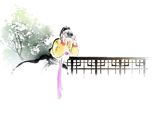 PSD 나무 여자 문화 잎 일러스트 캘리그라피 붓터치 한명 사람 취미 카메라 사진촬영 발코니 나뭇가지 한복 번짐 여자한명만 국내일러스트 식물 1 한국전통 전자제품 촬영 전통의상 여자만 파일형식 효과