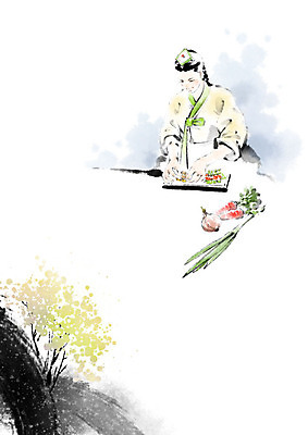 PSD 나무 여자 문화 잎 채소 일러스트 캘리그라피 식탁 양파 붓터치 쟁반 요리 한명 사람 취미 당근 나뭇가지 한복 번짐 파 여자한명만 국내일러스트 식물 1 한국전통 탁자 뿌리채소 전통의상 여자만 파일형식 효과