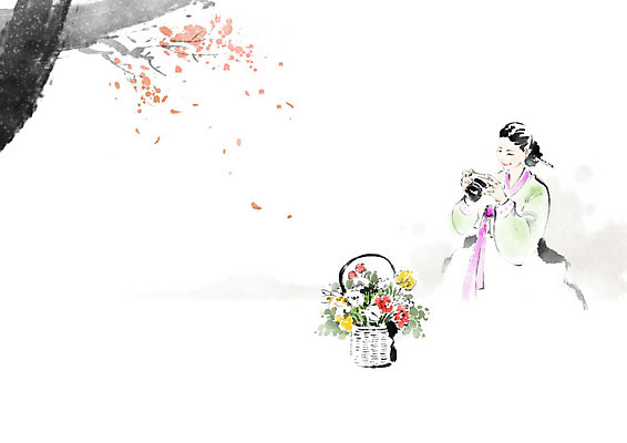 PSD 나무 여자 꽃 문화 잎 일러스트 캘리그라피 붓터치 한명 사람 취미 소쿠리 카메라 사진촬영 나뭇가지 한복 꽃꽂이 번짐 여자한명만 국내일러스트 식물 1 한국전통 전자제품 바구니 촬영 전통의상 원예 여자만 파일형식 효과