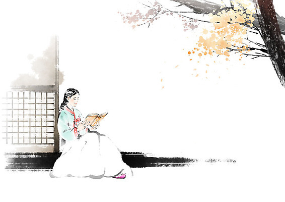 PSD 나무 여자 문화 잎 일러스트 캘리그라피 붓터치 한명 사람 취미 책 독서 문 기댐 나뭇가지 한복 번짐 툇마루 여자한명만 국내일러스트 식물 1 한국전통 모션 마루_인테리어 전통의상 여자만 파일형식 효과