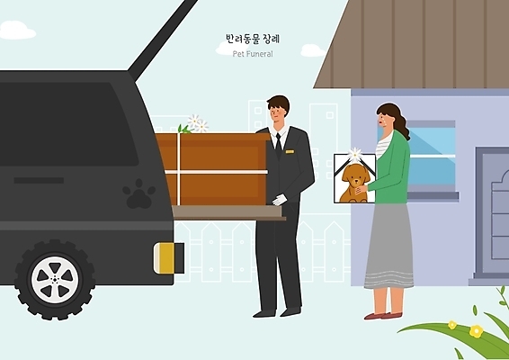 PSD 여자 남자 일러스트 자동차 주택 사람 두명 슬픔 운반 눈물 직원 관 장례 반려 영정사진 장례식 운구 국내일러스트 펫로스증후군 반려동물장례 감정 육상교통 건물 질병 파일형식