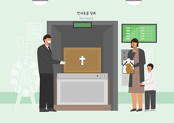 PSD 여자 남자 반려견 일러스트 안내 사람 세명 슬픔 운반 눈물 직원 관 애도 장례 반려 화장식 국내일러스트 펫로스증후군 반려동물장례 감정 반려동물 개 질병 파일형식