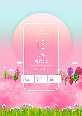 PSD 나무 편집이미지 꽃 분홍색 백그라운드 날씨 사람없음 스마트폰 봄 정보 레이아웃 온도 UI 소셜미디어 목업 편집소스 이미지편집 식물 계절 컬러 핸드폰 스마트기기 파일형식