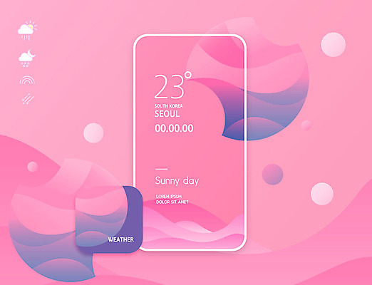 PSD 편집이미지 분홍색 백그라운드 날씨 사람없음 그래픽 스마트폰 정보 원형 레이아웃 온도 UI 소셜미디어 목업 편집소스 이미지편집 도형 컬러 핸드폰 스마트기기 파일형식