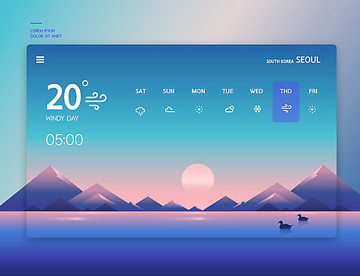 PSD 편집이미지 호수 백그라운드 날씨 산 사람없음 파란색 정보 시간 날짜 레이아웃 온도 UI 소셜미디어 목업 편집소스 이미지편집 컬러 파일형식