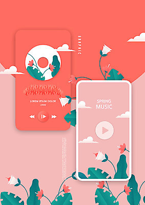 PSD 편집이미지 꽃 음악 백그라운드 잎 사람없음 빨간색 스마트폰 봄 정보 레이아웃 UI 소셜미디어 플레이어 목업 편집소스 이미지편집 식물 계절 컬러 문화예술 핸드폰 스마트기기 파일형식