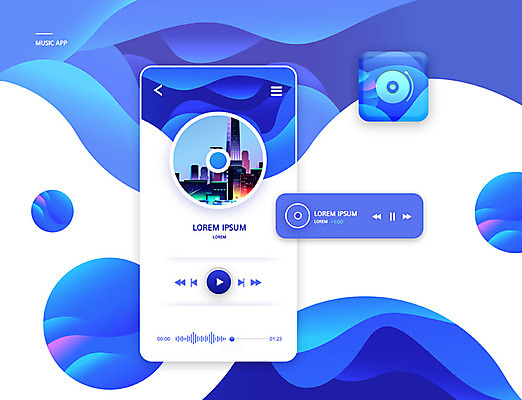 PSD 편집이미지 음악 백그라운드 빌딩 사람없음 파란색 스마트폰 정보 원형 레이아웃 물결무늬 UI 소셜미디어 플레이어 목업 편집소스 이미지편집 도형 물결 컬러 무늬 문화예술 건물 핸드폰 스마트기기 파일형식
